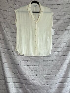 Nine West Daisy Dew Sheer Collared Button Front Short Sleeve Cream Blouse Top M